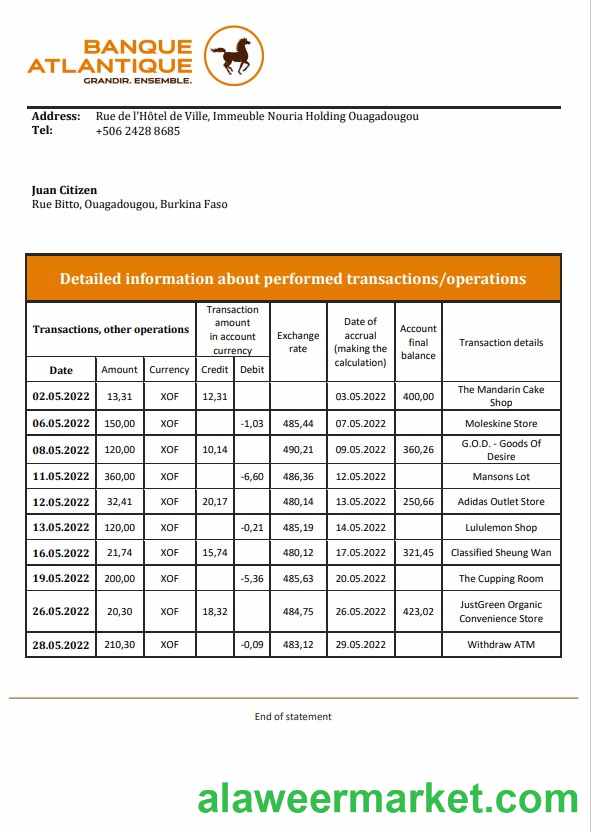 Burkina Faso Banque Atlantique bank statement template, Word and PDF format